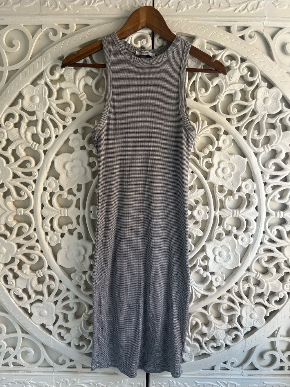 Zara Trafaluc Ribbed Racerback Midi Bodycon Dress Black White Stripe Small